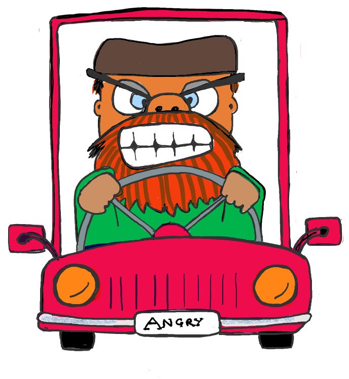 cartoon of angry man driving a car