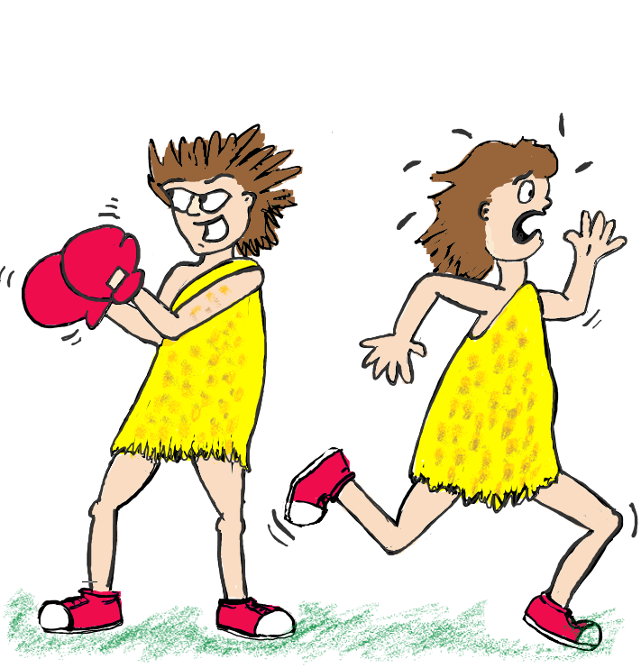 cartoon of two people, one with boxing gloves the other running away