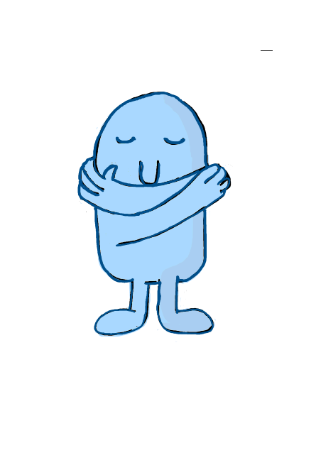 a cartoon blob figure hugging itself