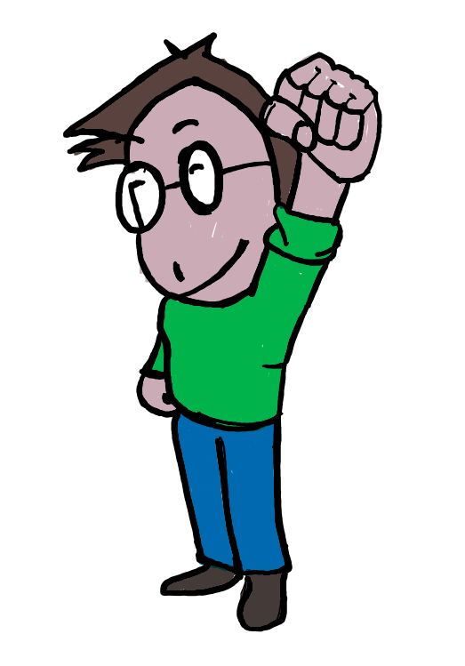  a cartoon of a man holding his fist in the air