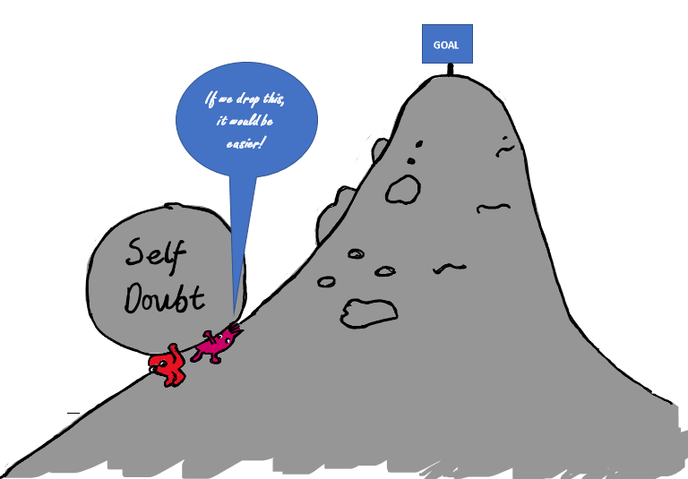 cartoon figures lifting a boulder of self doubt up a mountain