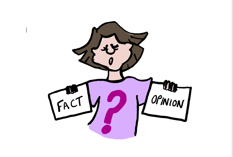 a person holding two signs, one with the word fact, the other with the word opinion